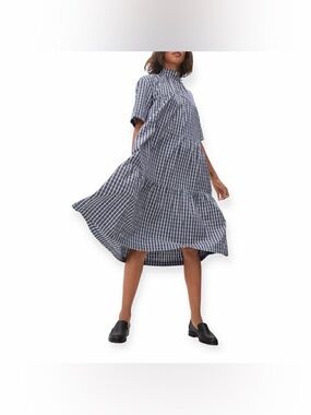 Everlane Navy and White Checked High-Low Tiered Midi Skirt